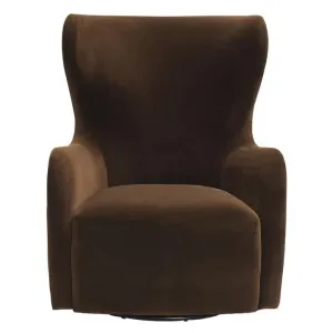 Aaron Velvet Fabric Swivel Wing Back Armchair, Dark Chocolate by Cozy Lighting & Living, a Chairs for sale on Style Sourcebook