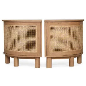 Sandestin American Oak Timber & Rattan Curved Bedside Table, Left & Right Pair Set, Natural by Ambience Interiors, a Bedside Tables for sale on Style Sourcebook